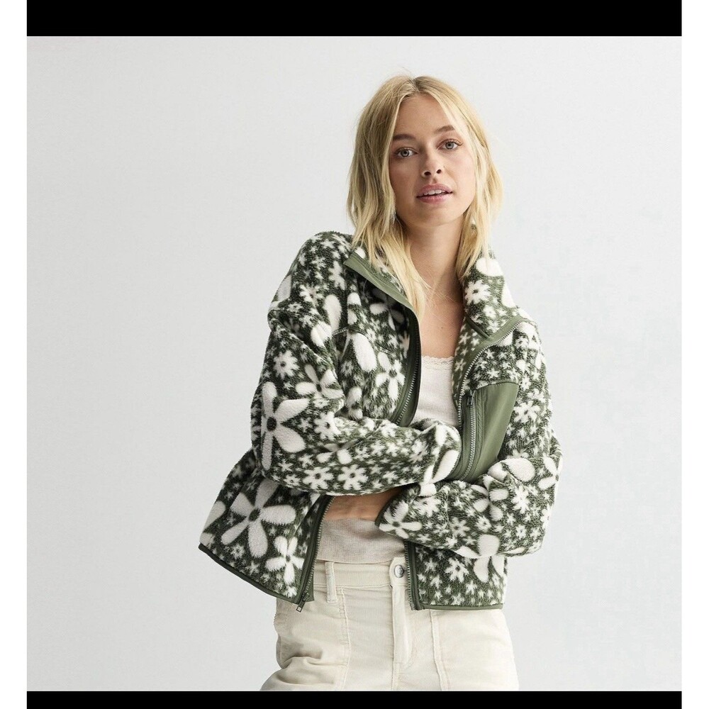 SO Full Zip Soft Teddy Fleece Jacket Green Floral Fall sherpa faux fur coat SZ M